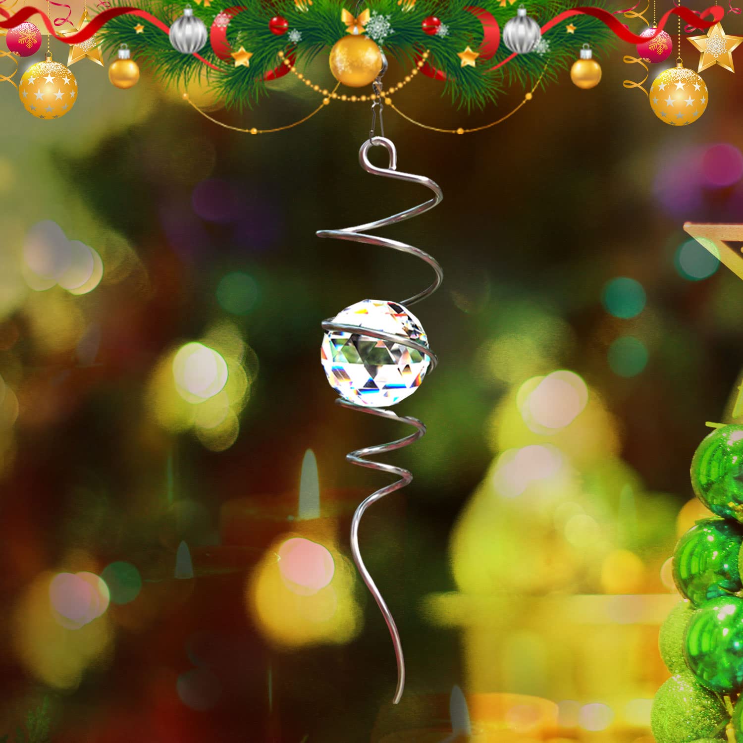 LJLIFART Gazing Ball Spiral Decorative Wind Spinner 13 Inch with Swivel Hook and 2 inch Clear Crystal Ball Unique Gift and Hanging Decor for Indoor Outdoor Garden Decoration โ image 1