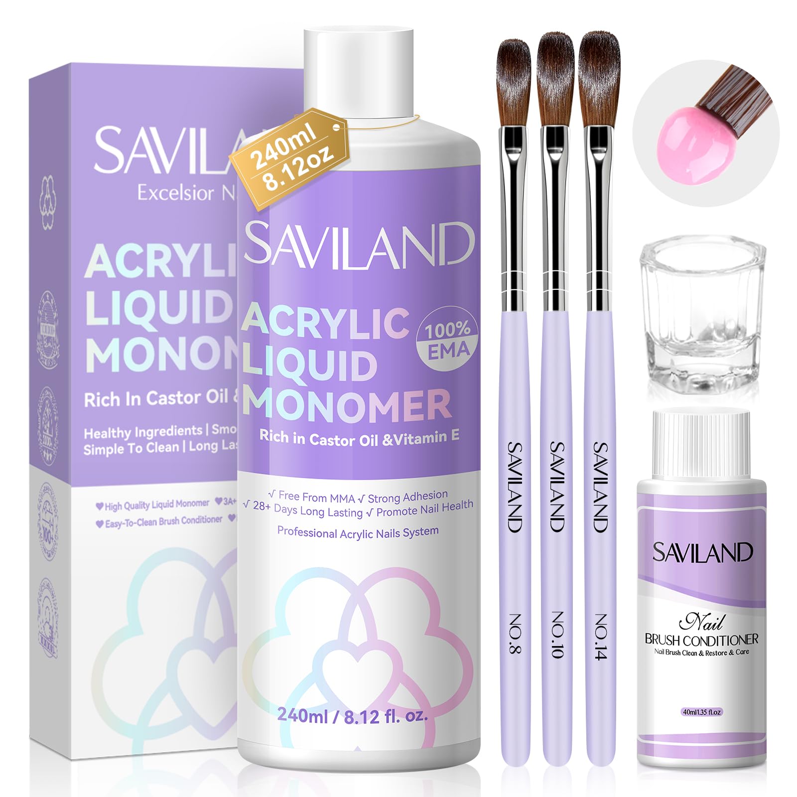 SAVILAND 240ml Monomer for Acrylic Nail: EMA Non-Yellowing Acrylic Liquid for Nails Extension with 3Pcs Nails Brushes+Brush Conditioner+Dappen Dish Gift