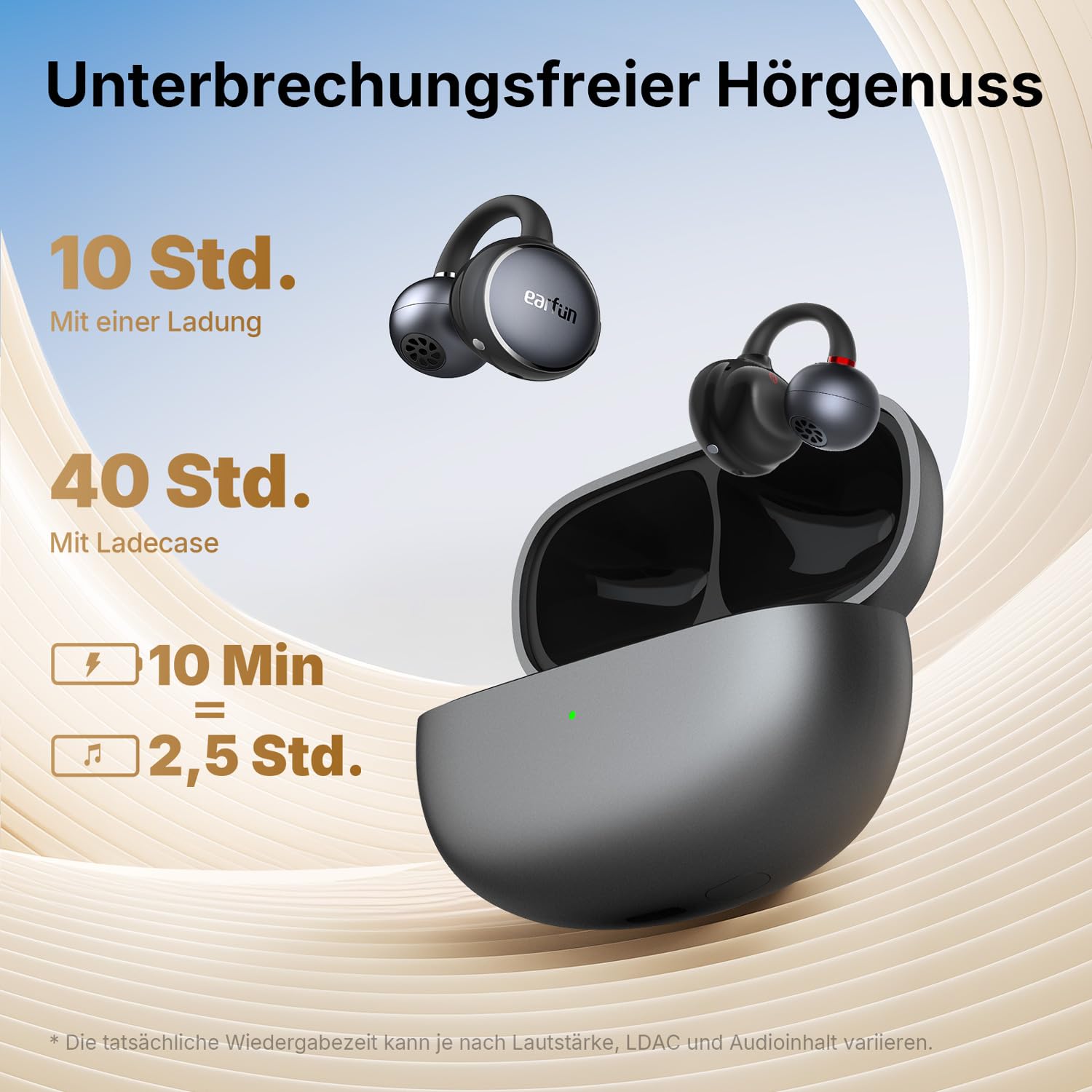 EarFun Clip Open Ear Kopfhörer Bluetooth, komfortabler Sitz, 10.8 mm Carbon-Treiber, Hi-Res Audio, LDAC, BassSurge, 40 Std. Akku, klare Anrufe, Clip-On Earbuds mit Bluetooth 6, Multipoint, IP55, APP 7