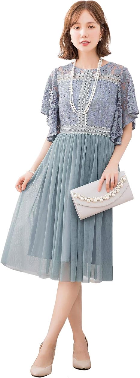 Amazon Dressstar 結婚式 ワンピース パーティードレス 大きいサイズ ドレス フォーマルドレス お呼ばれ 服 袖あり ミモレ丈 ひざ 丈 レース シフォン シースルー チュール 二次会 披露宴 ウエストマーク ハイウエスト 切替 フェミニン 可愛い イブニングドレス 通販