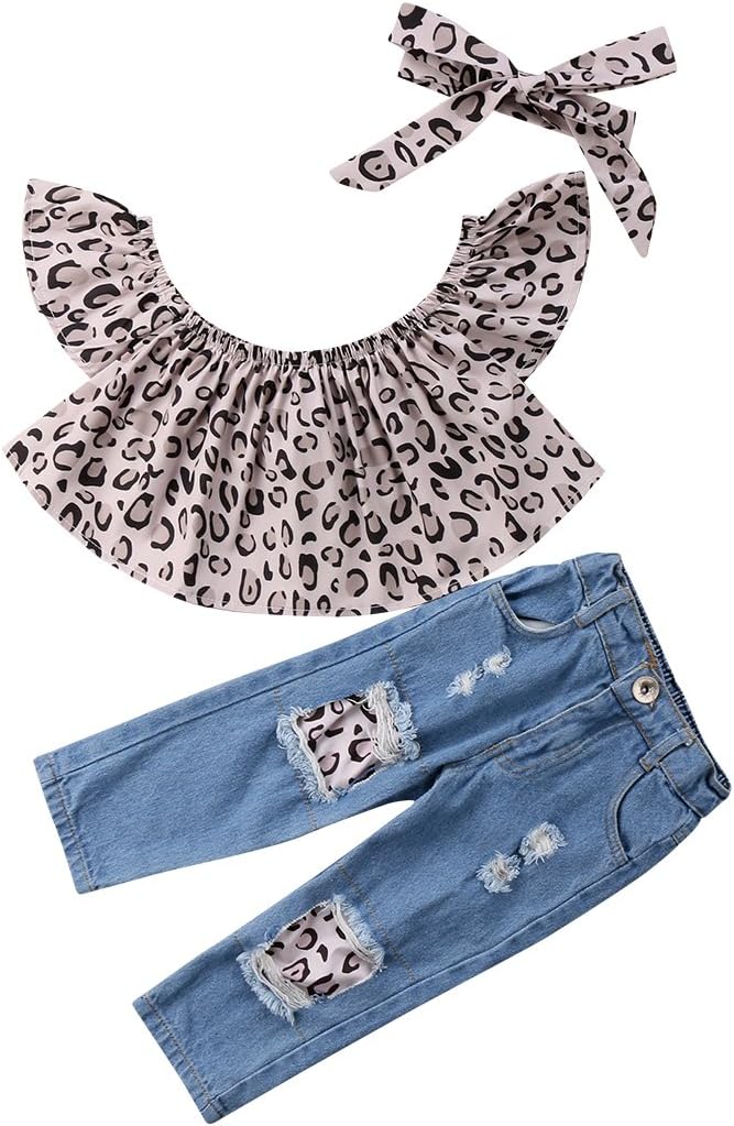 Baby Girls Off Shoulder Polka Dot Top+Destroyed Ripped Jeans+Headband Clothes Outfit Set