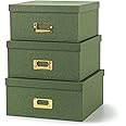 Soul & Lane Green Kraft Paper Boxes for Storage - Set of 3 Square Stacking Boxes with Lids and Gold Label Holders, Decorative Photo Storage, Nesting Cardboard Set for Decor and Organizing