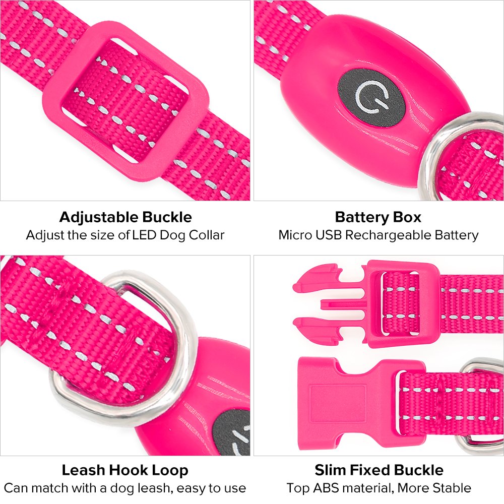 Clan_X Led Dog Collar, USB Rechargeable light up Pet Collar for small dogs, Glowing in the Dark Nylon Webbing Flashing Collar with Reflective Stitches Make Your Pets Visible & Safe (Pink)