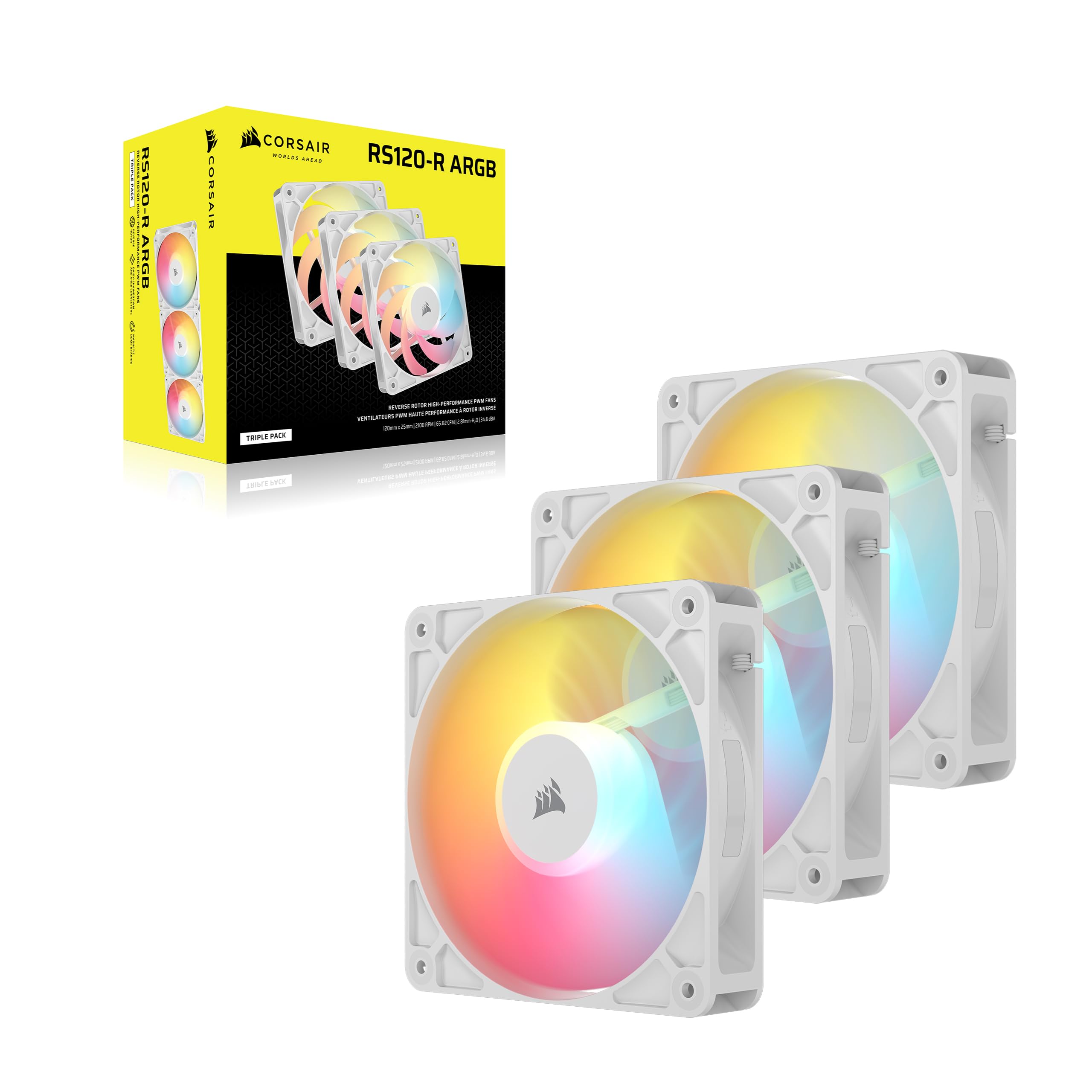 Corsair RS120-R ARGB 120mm PWM ARGB Reverse Fans – Reverse Rotor, +5V ARGB Connections, Eight RGB LEDs, High Static Pressure, Daisy-Chain, Magnetic Dome Bearing, Zero RPM Mode – Triple Pack – White