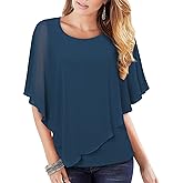 Lotusmile Women's Lightweight Flowy Shirt Double-Layered Printed Chiffon Poncho Blouse Top