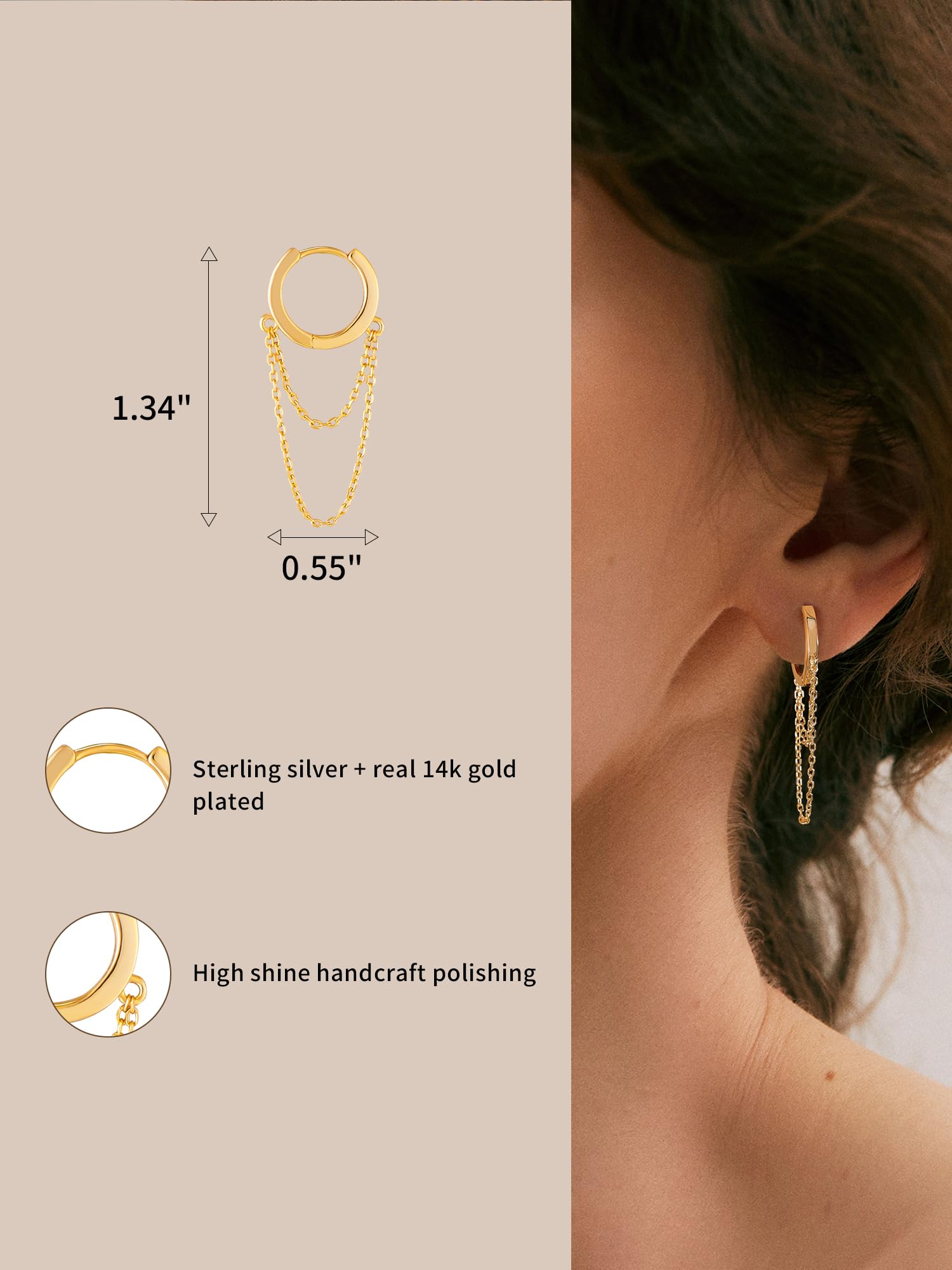 S.Leaf 925 Sterling Silver Tassel Chain Gold Hoop Earrings for Women Small Huggie Dangle Drop Earrings Trendy Best Friend Birthday Gifts for Women 14k Gold Hoop Double Chain Earrings