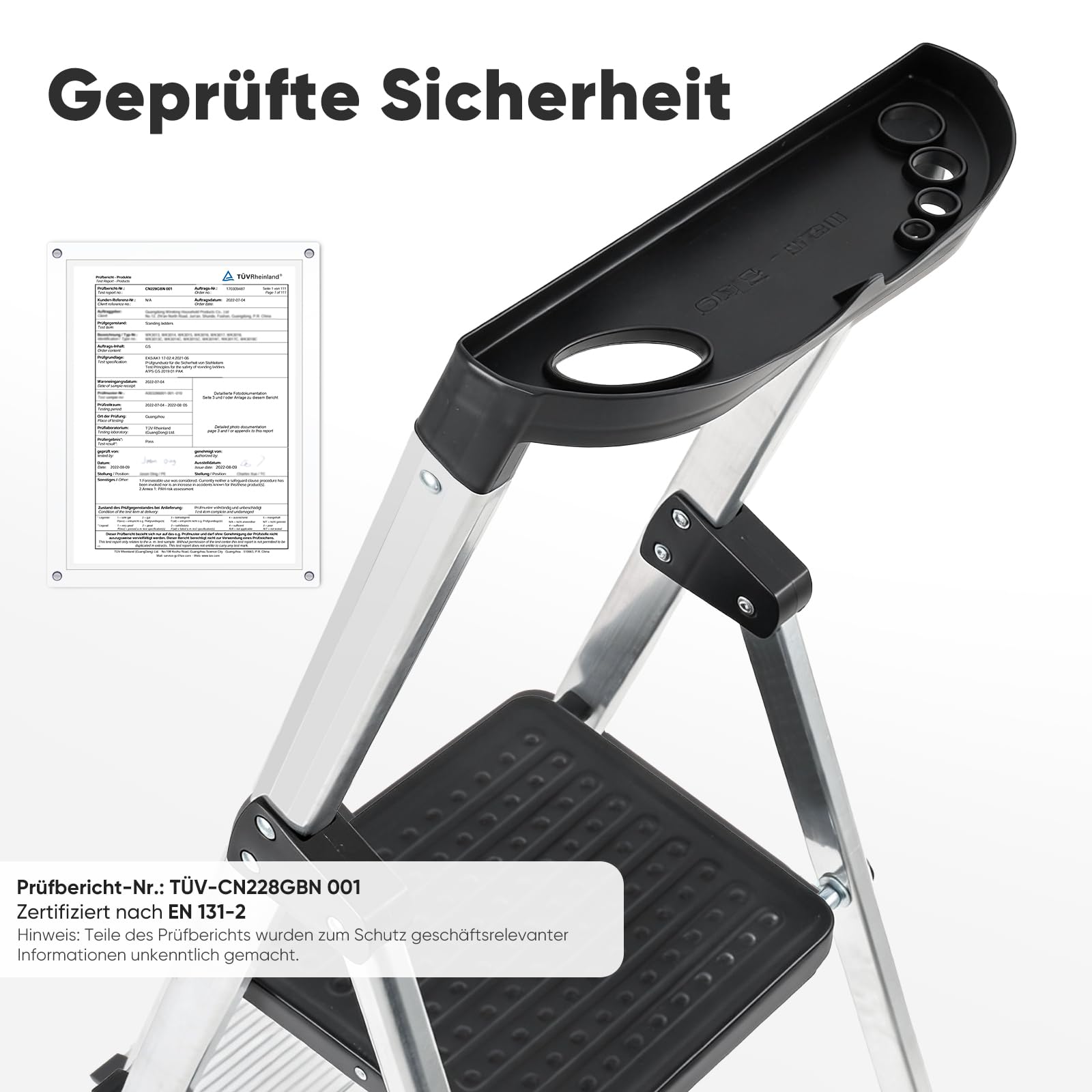 Sekey Aluminium Trittleiter 4 Stufen (140 cm), Klappbar, mit Werkzeugablage, rutschfest, bis 150 kg Belastbar, TÜV EN131-2, für Haushalt, Garage & Garten 7