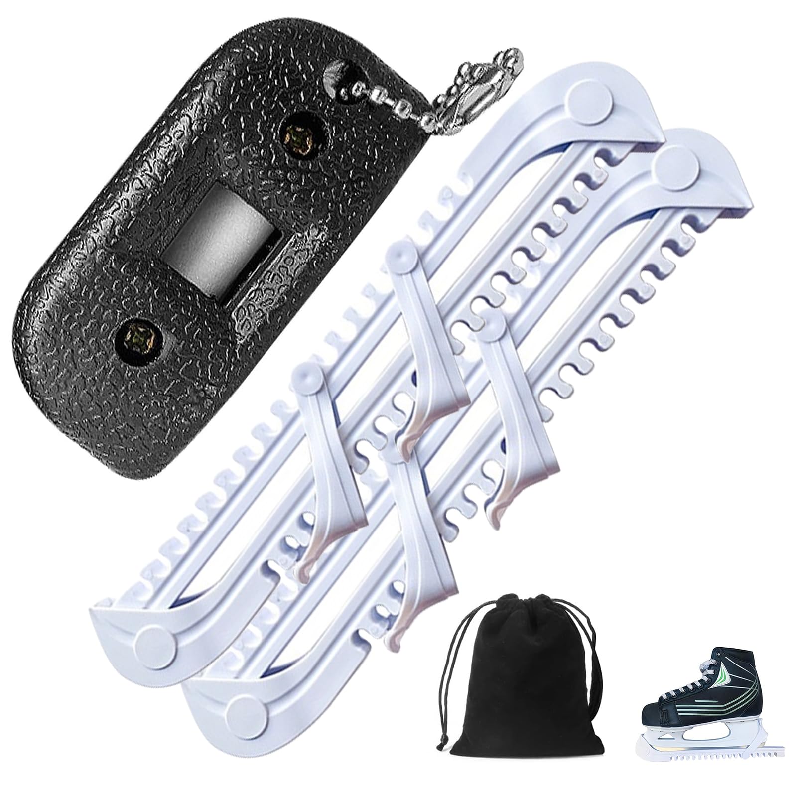 Newsmy 4 Pack Ice Skate Guards White, 1 Pair Ice Skate Blade Covers, Ice Skate Sharpener with Velvet Bag, Ice Skating Accessories for Hockey and Figure Skating