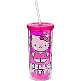 Silver Buffalo Sanrio Hello Kitty Strawberry Pattern Plastic Cold Cup with Lid and Straw, 20 Ounces