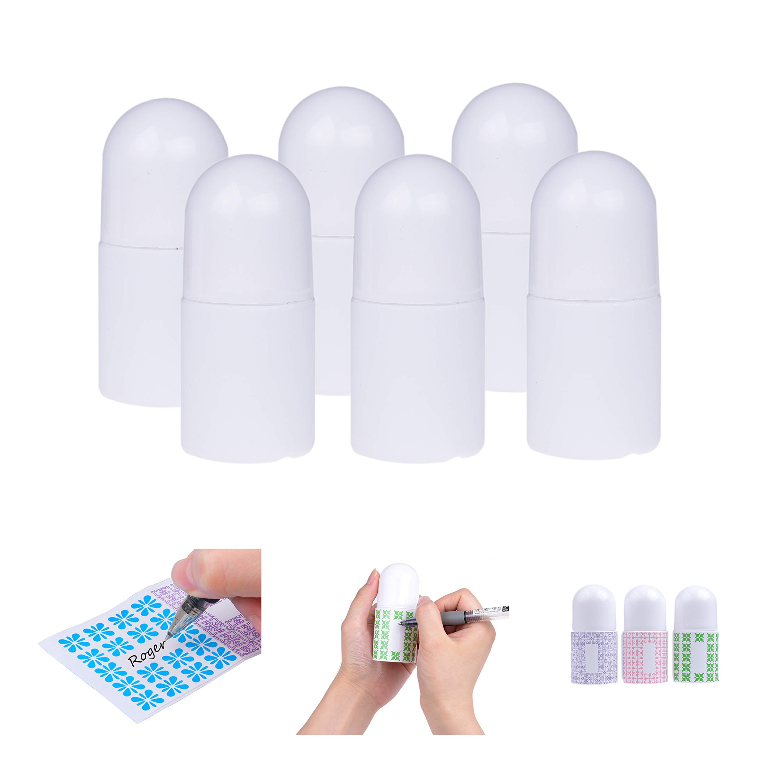 Kare & Kind Refillable Roll-On Deodorant Bottles (6-Pack) - Empty - 1 Oz (30 ml) - 20 Writable Stickers - Twist Cap - For Homemade Natural Deodorant, Sunscreen, Moisturizer, etc.