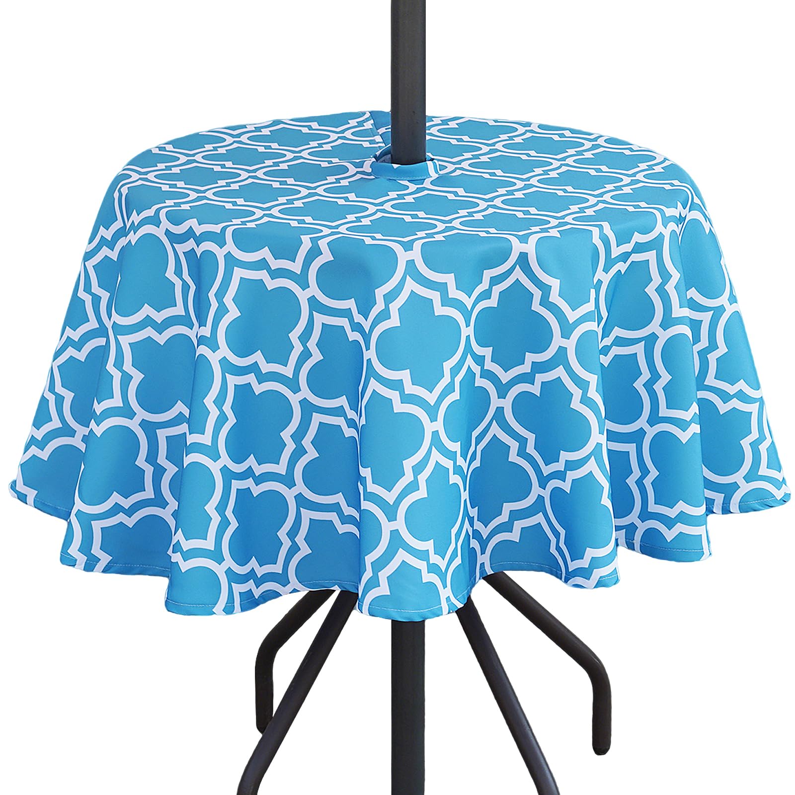 3E Home Patio Round Outdoor Tablecloth Water Resistant with Parasol Hole and Zipper[60 inches (152 cm) Blue & white-lattice]