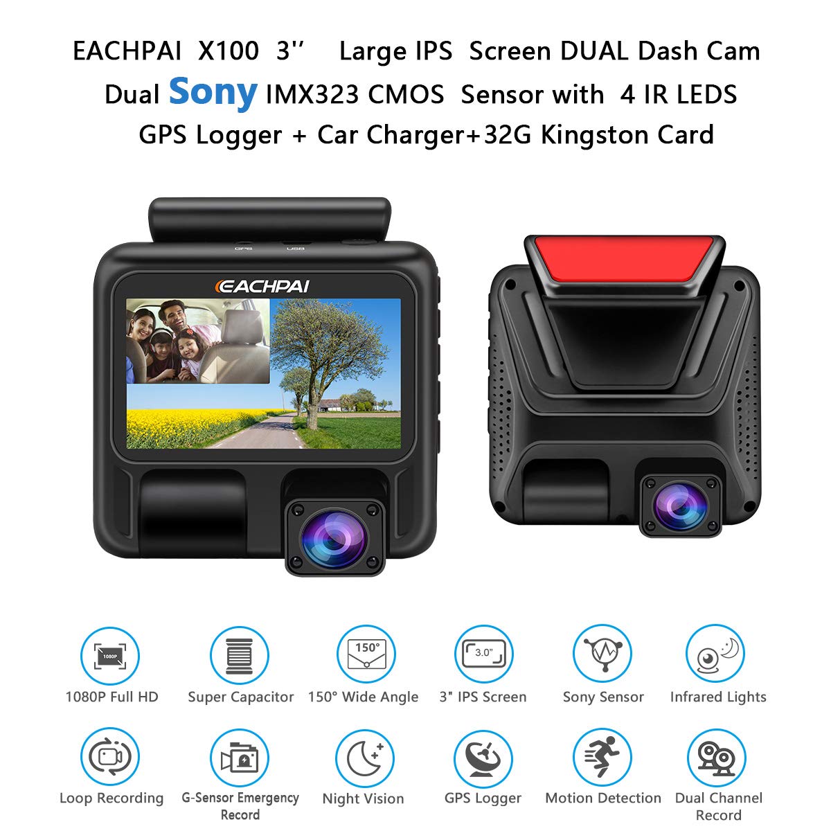 Dual Dash Cam,1080P Pro Uber/Lyft Car Dashboard Camera Recorder with Sony Sensor Super Capacitor,Wide Angle,WDR,Loop Record,Motion Detection,GPS,G-Sensor,IR Night Vision,32G Card,EACHPAI X100 Upgraded