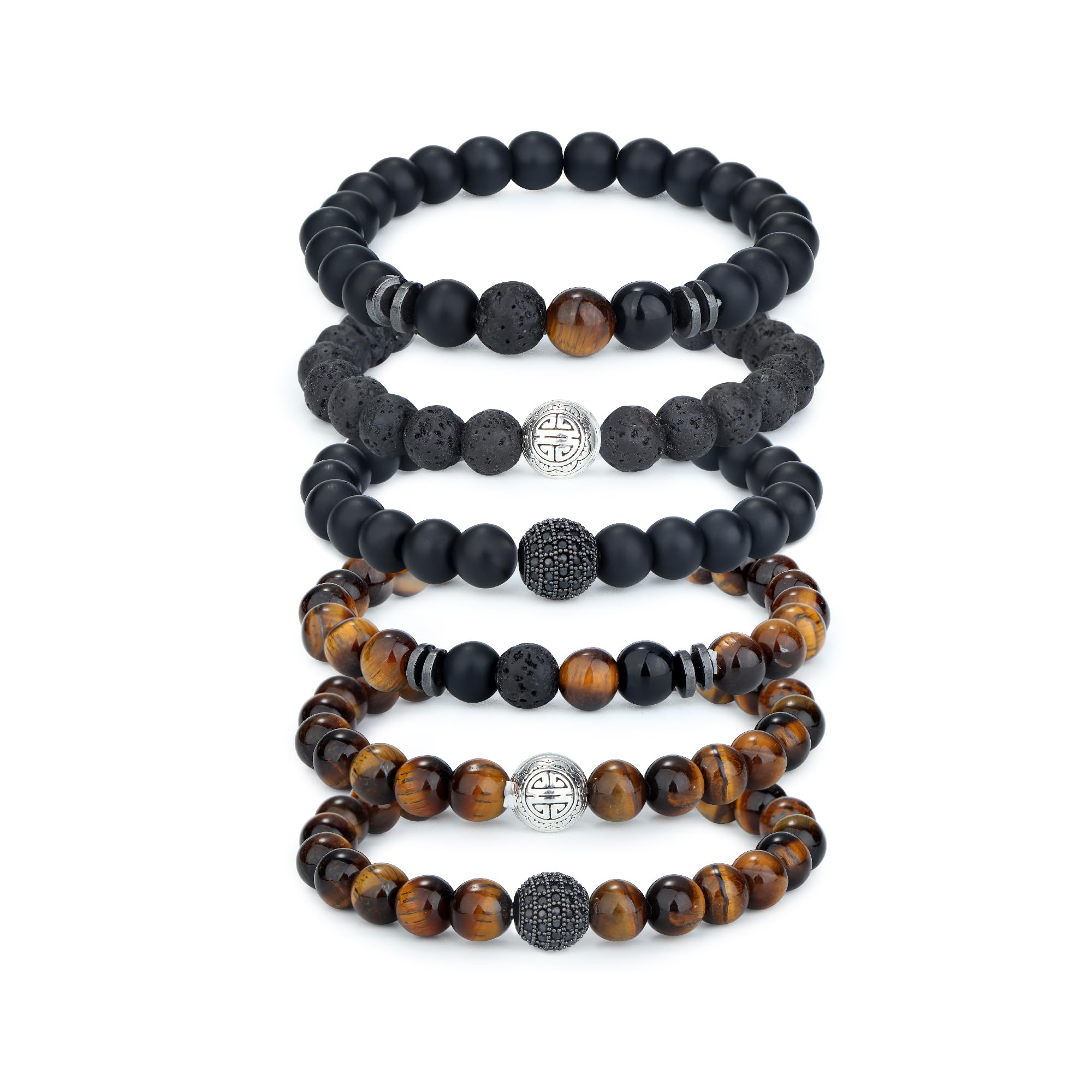 ADRAMATA Mens Bracelets 8mm Natural Stone Beaded Lava Rock Bracelet Tigers Eye Bracelets for Women Men Stretch Bead Bracelet, 6Pcs