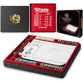 Leather Dice Tray and Dice Storage Box for Rolling | Includes 24 Dice,Pen,Erasable Scoreboard and 50 Score Sheets for Farkle Game and Classic Family Games