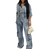 Molilove Women's Two Piece Denim Outfits Long Sleeve Cropped Jean Jacket Cargo Pants with Pockets Y2K Tracksuit Set