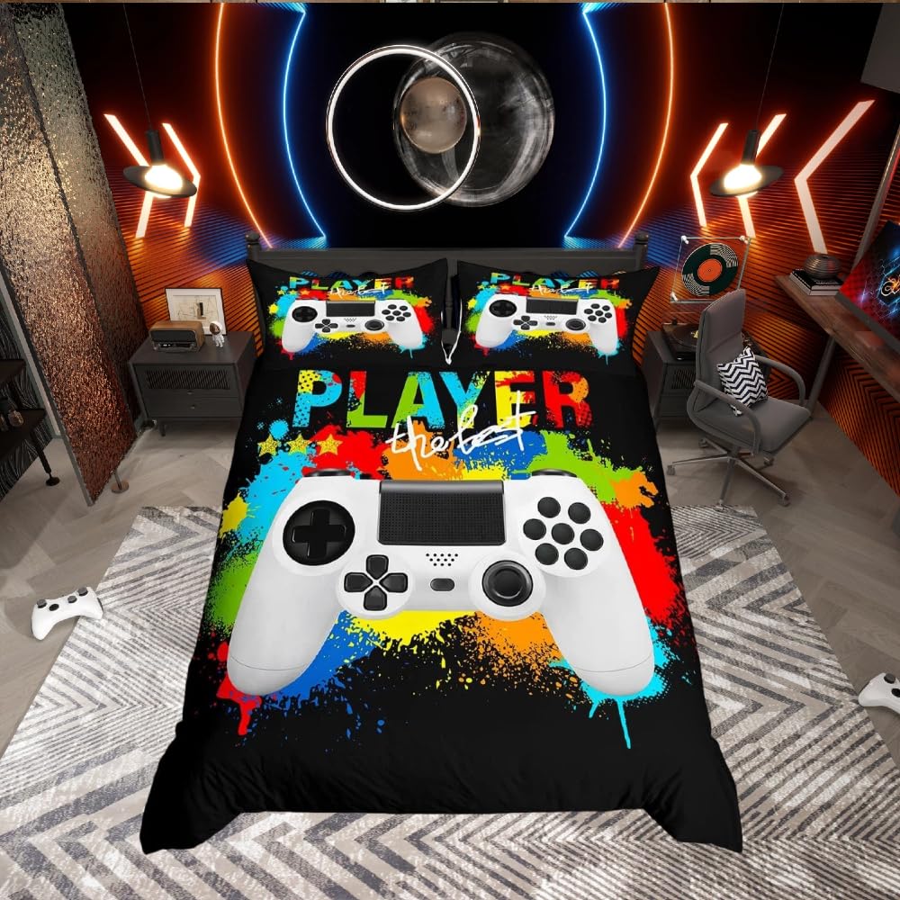 Homemissing Gamer Bedding Set for Boys Teens Kids Girls Rainbow Tie Dye Gaming Comforter Cover Colorful Video Games Controller Duvet Cover Bedding & Linen Double Size 3Pcs — image 1