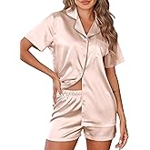 Ekouaer Womens Silk Satin Pajamas Set 2 Piece Pjs Short Sleeve Sleepwear Button Down Top and Shorts Loungewear S-XXL