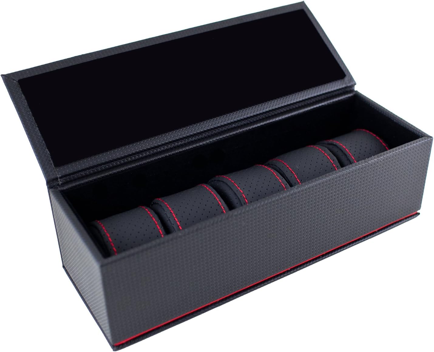 Caddy Bay Collection Carbon Fiber Pattern Watch Case Box Holds 5 Watches with Red Stripe/Stitching New and Improved