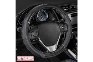 Motor Trend UltraSport Gray Carbon Fiber Steering Wheel Cover, Standard 15 inch Size, Black Faux Leather Comfort Grip, Car Steering Wheel Cover for Auto Truck Van SUV