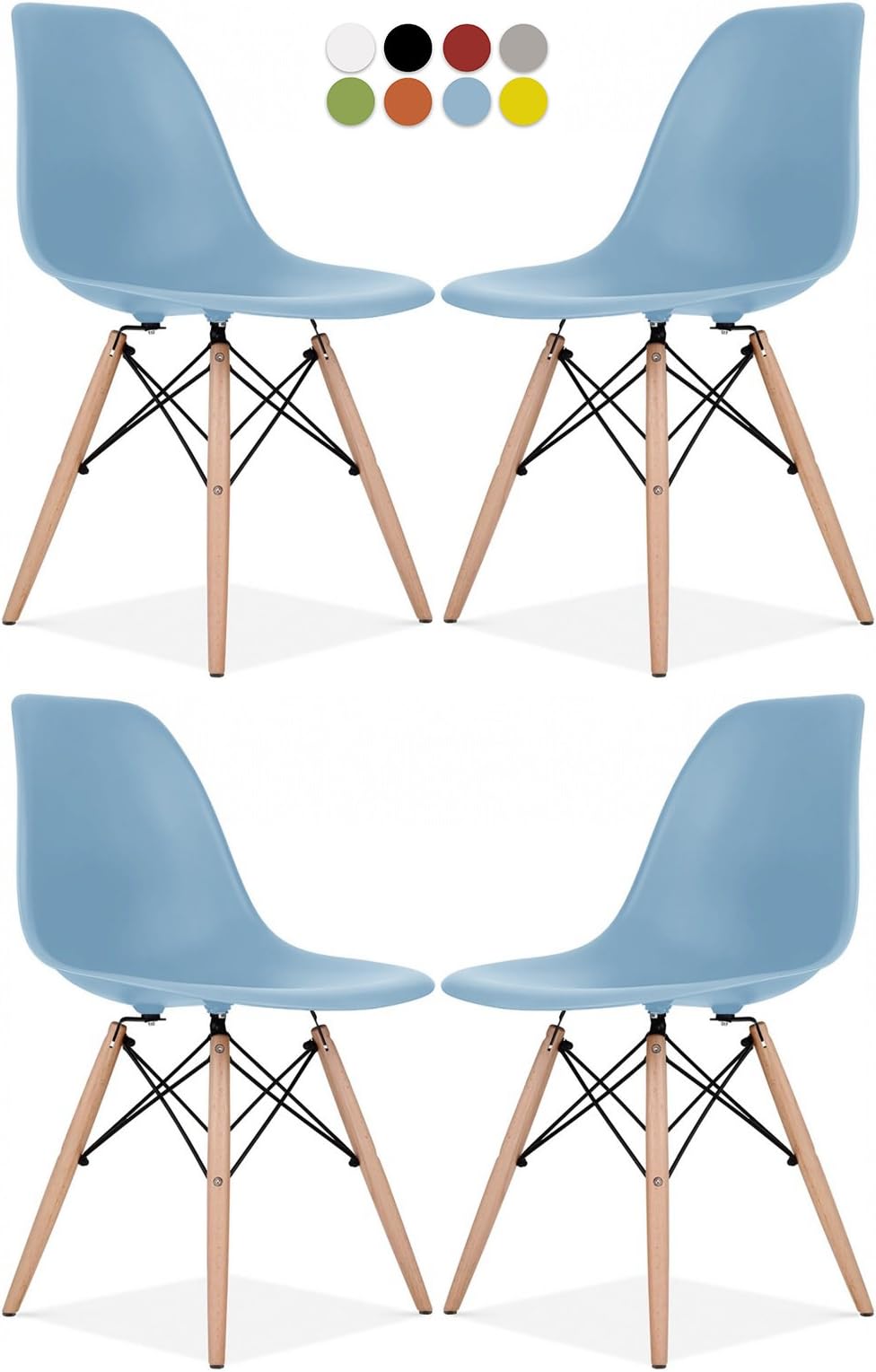 Le Vigan Mid Century Modern Molded Shell Chair with Dowel Wood Eiffel Legs - Set of 4 - for Dining Room, Kitchen, Bedroom, Lounge - Easy-Assemble & Clean - Baby Blue