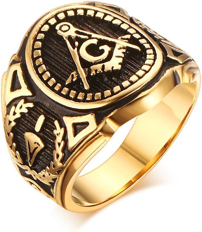 Stainless Steel Gold Plated Vintage Freemason Symbol Masonic Rings Bands for Men