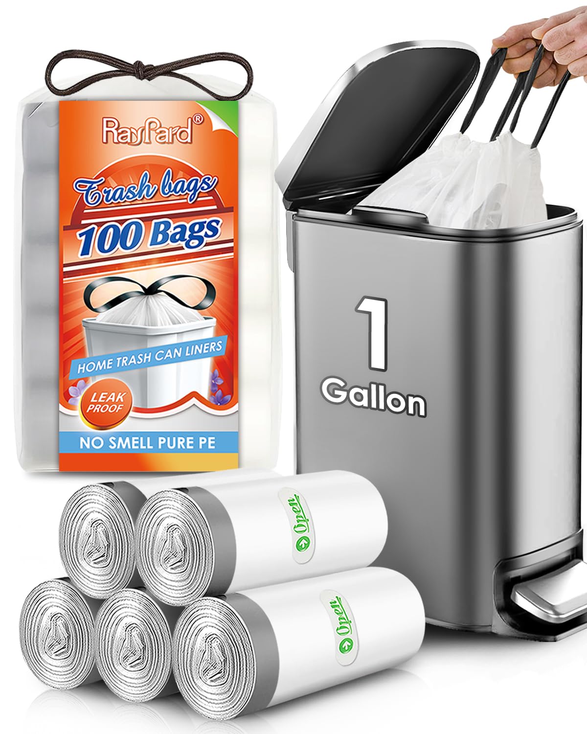 Photo 1 of 1 Gallon 100 Counts Mini Strong Drawstring Trash Bags Garbage Bags by RayPard, fit 3-4 Liter Small Trash Can, Tiny Waste Basket Liners for Home Office Bathroom Bedroom Car, White
