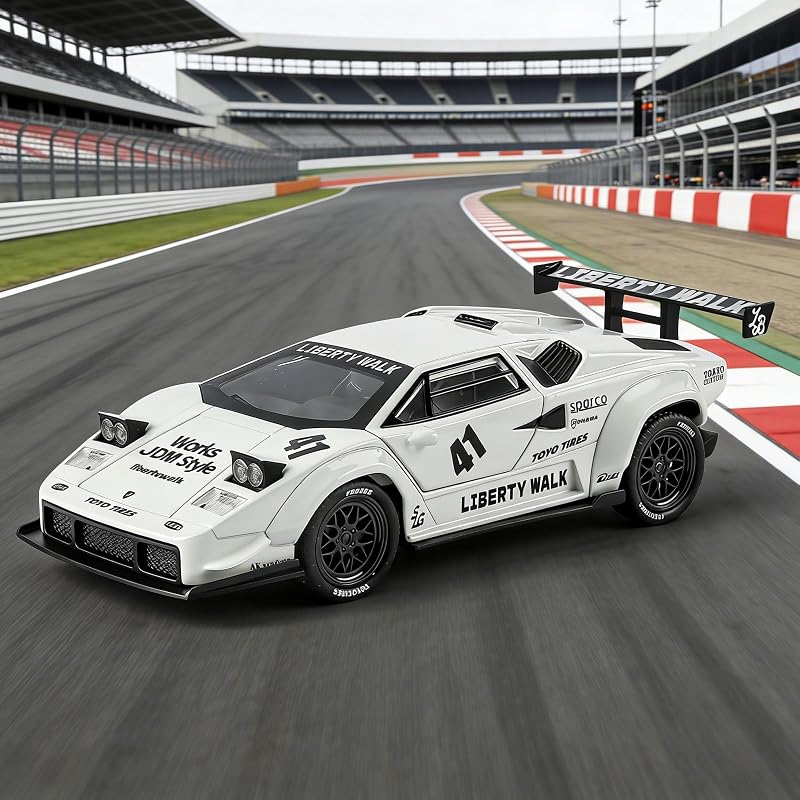 Modelo de Carro Lamborghini LBWK Countach 1/32, Veículos de Retirada de Liga de Zinco Modelo de Carro com Som e Luz para Colecionadores e Crianças Presente de Aniversário de 3 Anos (Branco)