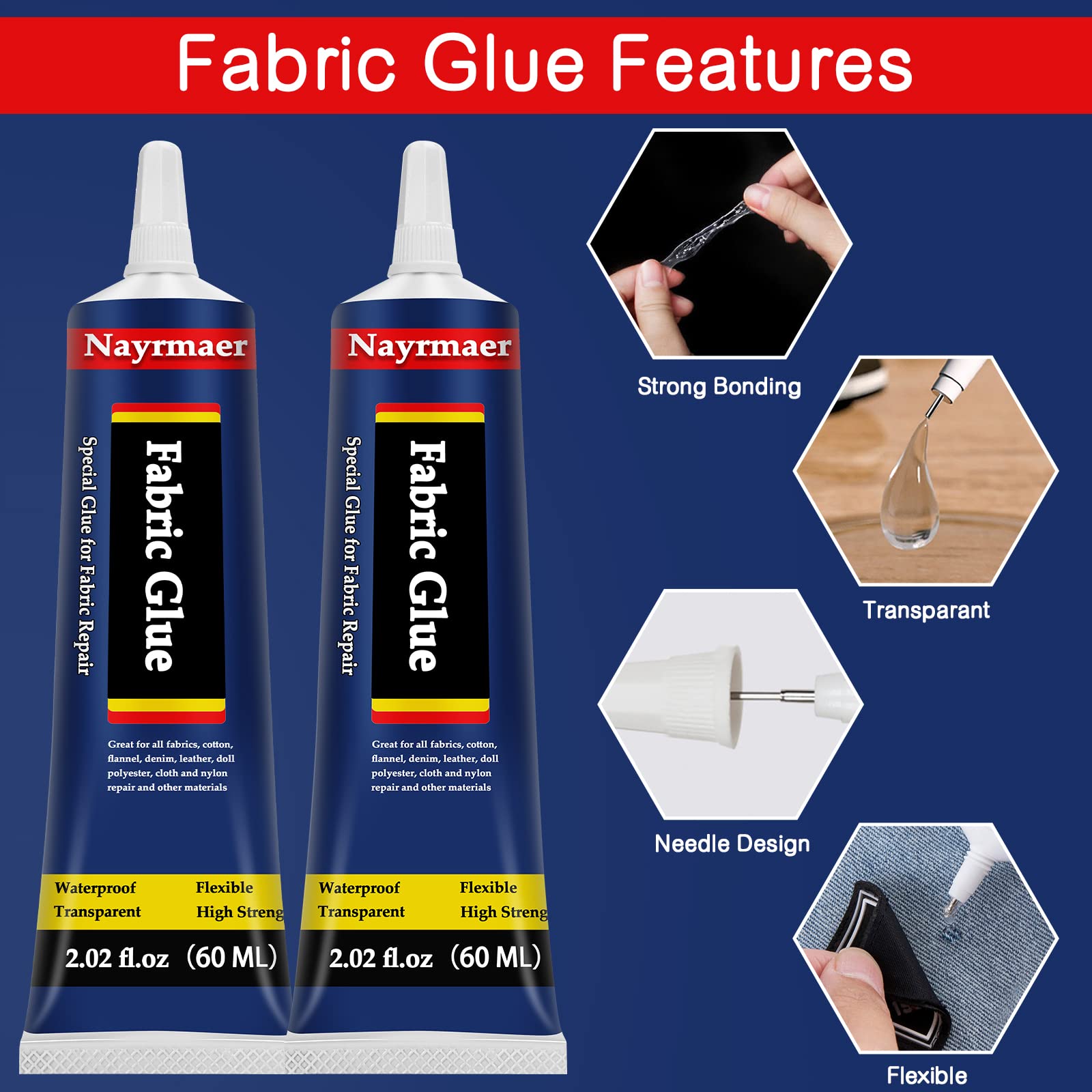 Fabric Glue, Permanent Clear Washable Clothing Adhesive for All Fabrics, Cotton, Flannel, Denim, Leather, Polyester, Doll Repair, 24 Hours Dry and Waterproof (FG60g)