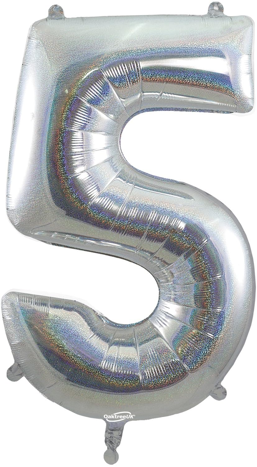 Oaktree UK 34" Number 5 Holographic Silver Foil Balloon