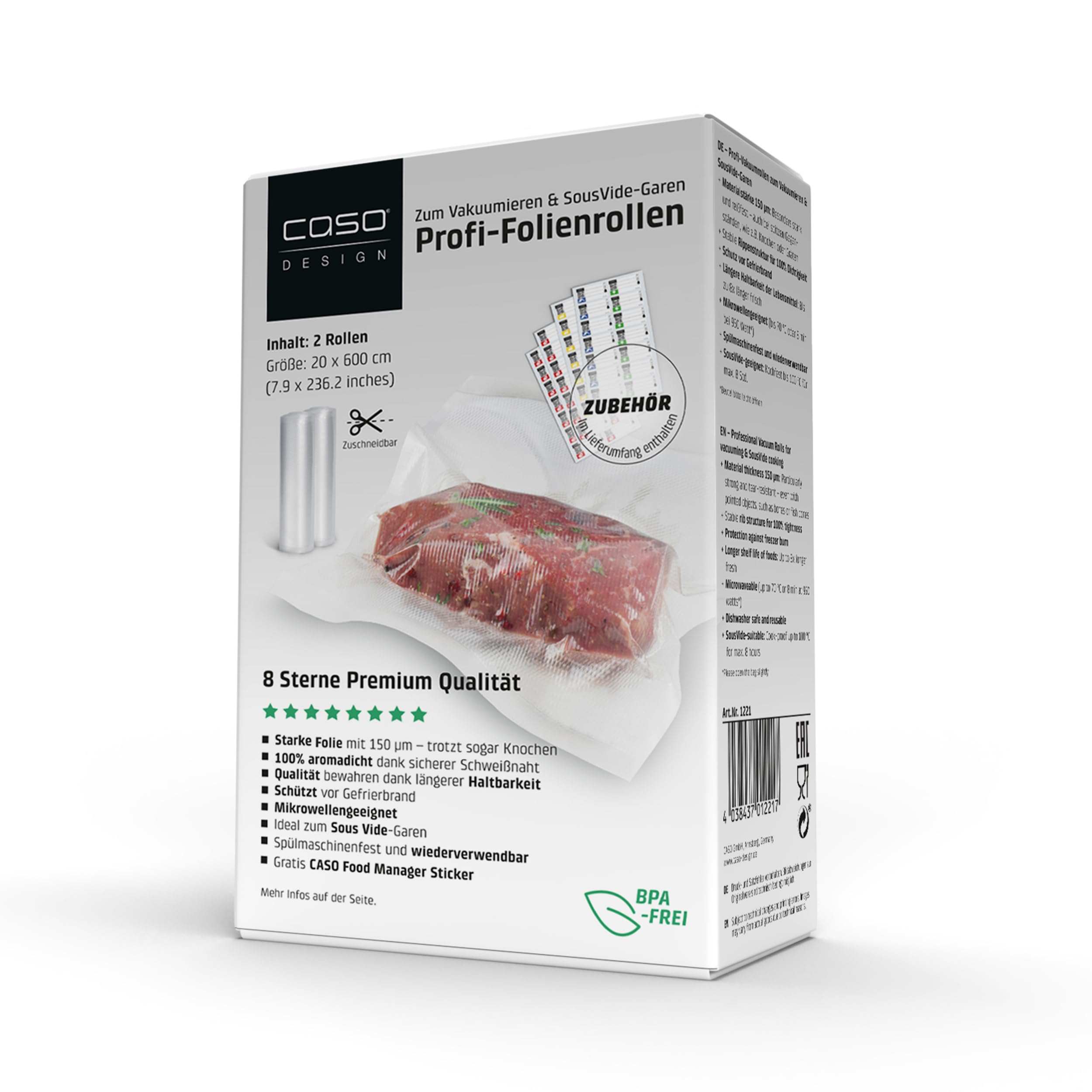Caso Profi-Folienrollen 20 cm x 600 cm, 2 Rollen für Balken-Vakuumierer / stark und reissfest / Rippen-Struktur für optimales Vakuum / stabile SchweiÃŸnaht / kochfest / Mikrowellen-geeignet