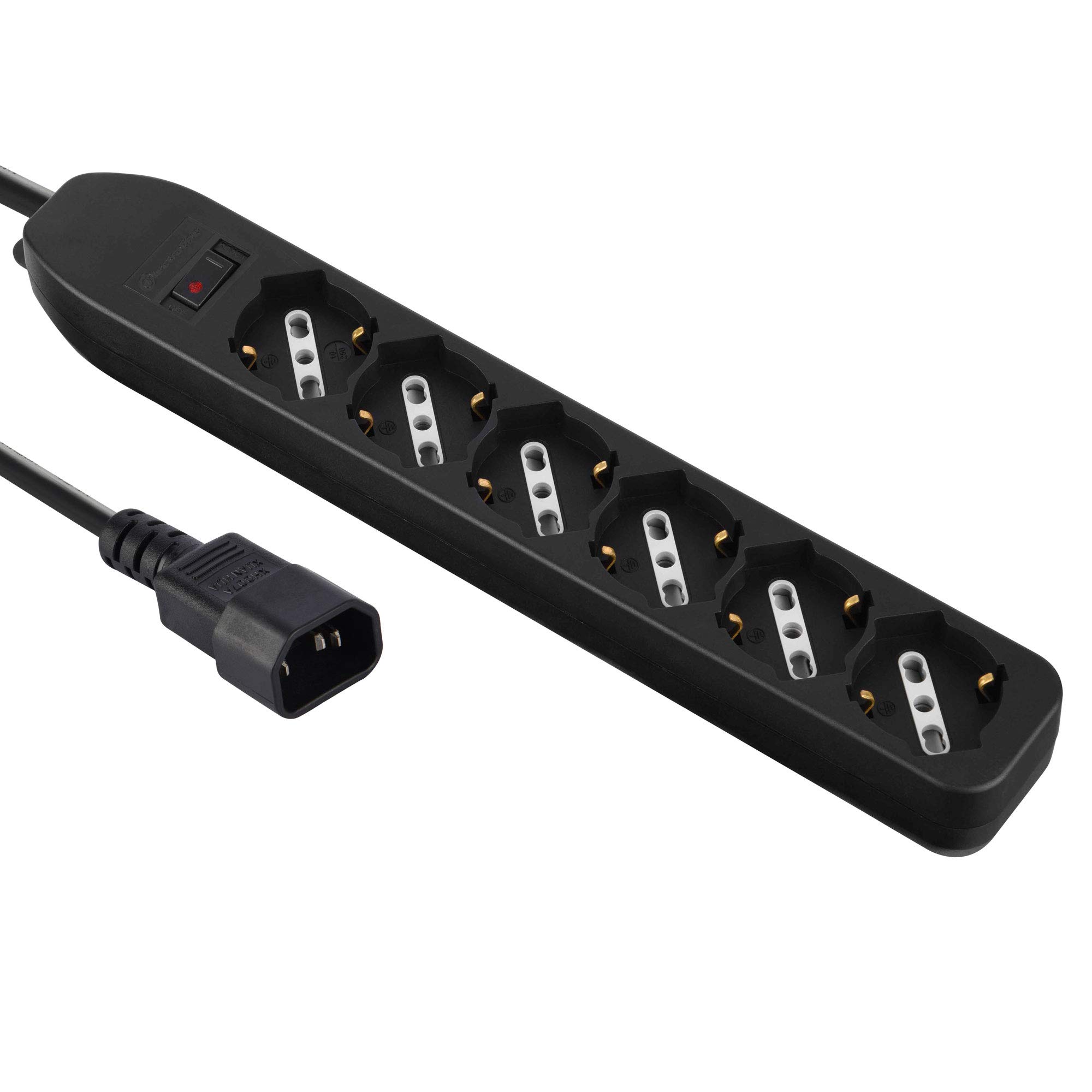 Electraline 62067 Power Strip for UPS with 6 Bivalent Sockets 10/16A with Safety Switch, Input Plug Type VDE C14, Cable 1.5 m, Black