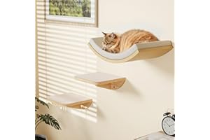 PELUOMOZ Cat Window Perches, Curved Cat Wall Beige Bed and 2 Floating Wall Steps, Wall Mounted Climbing Shelves for Sleeping, Playing, and Lounging