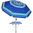 AMMSUN 7ft Heavy Duty High Wind Beach Umbrella with sand anchor, Built-in Table Tray Vent Tilt Pole, UPF 50+ Windproof Portable Outdoor Umbrellas Carry Bag for Patio Garden Pool Backyard stripe