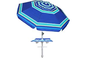 AMMSUN 7ft Heavy Duty High Wind Beach Umbrella with sand anchor, Built-in Table Tray Vent Tilt Pole, UPF 50+ Windproof Portable Outdoor Umbrellas Carry Bag for Patio Garden Pool Backyard stripe