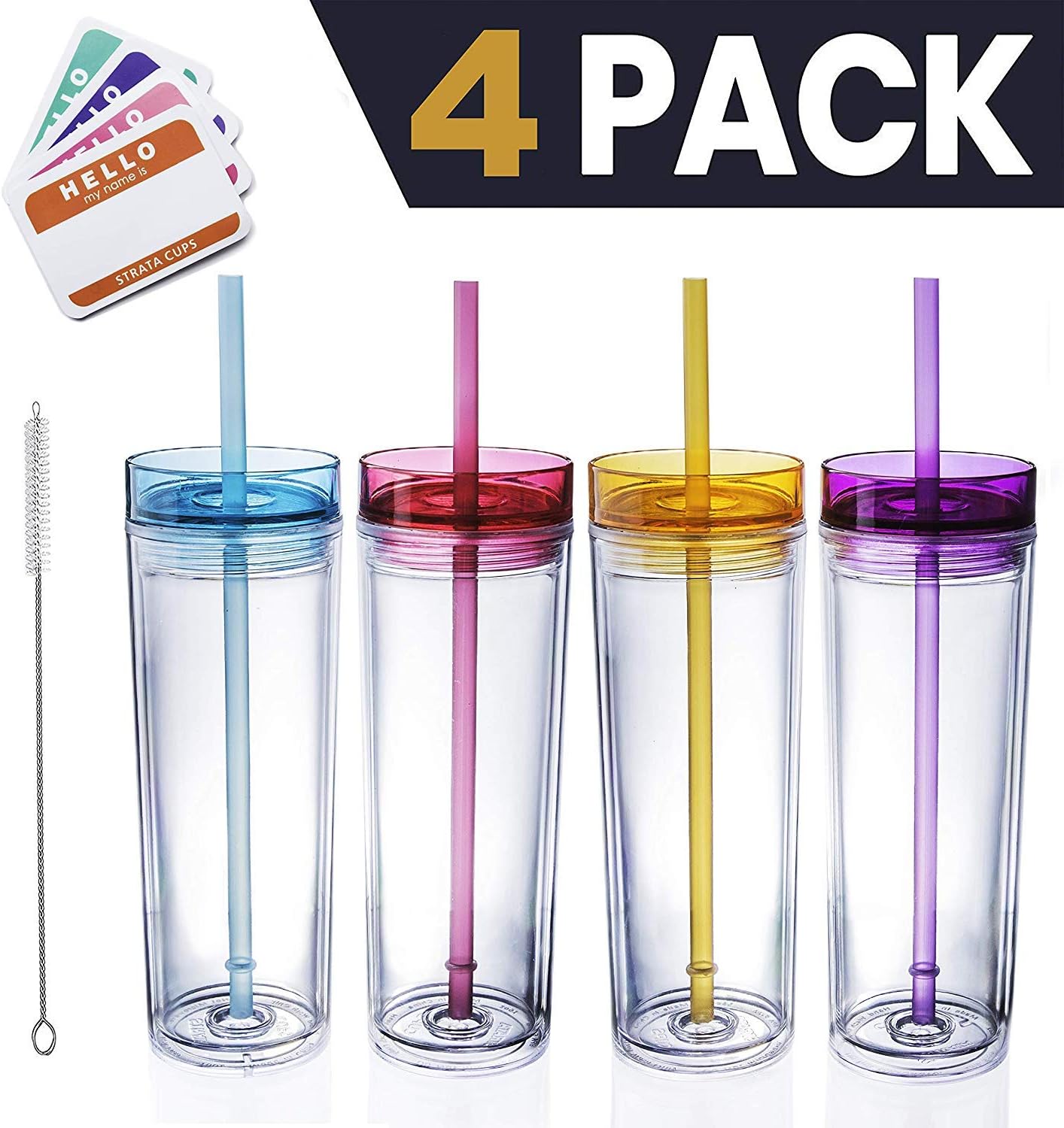 SKINNY TUMBLERS 4 Colored Acrylic Tumblers with Lids and Straws