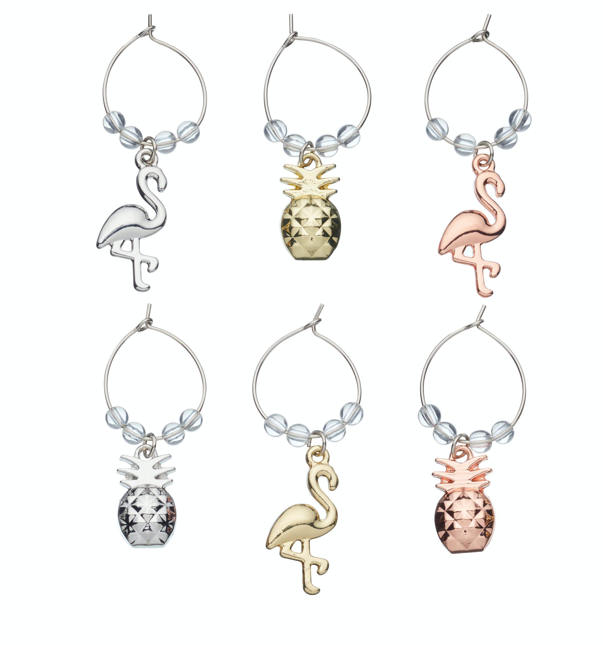BarCraft BCWCPAPPLE Novelty Wine Glass Charms, Pineapple and Flamingo Design, In Gift Box, Zinc, Set of 6, Silver, Rose Gold, Gold