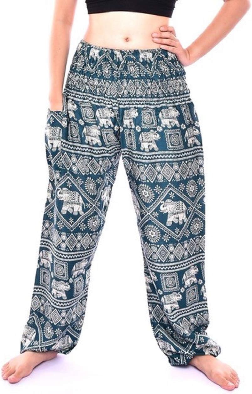 BohotuskWomens Harem Pants Baggy Hippie Boho Patterned High Waist Smocked Waist for Girls with Pockets Lounge Trousers for Yoga Summer Beach Sizes UK 8 to 20 Donation to Born Free