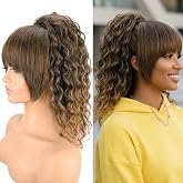 Rafabcici Ponytail Extension with Bangs,Yaki Curly Drawstring Ponytail Extension for Women 20 Inch Long Wavy Layered Pony Tails Hair Extensions Synthetic Clip in Ponytail Hairpiece for Women(T27)