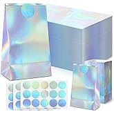 Estune 30 Pcs Iridescent Party Favor Bags with Stickers Holographic Paper Gift Bags 8. 3 x 5 x 3 Inch Reusable Glitter Foil Goodie Candy Handbag for Baby Shower Wedding Birthday Party Supplies