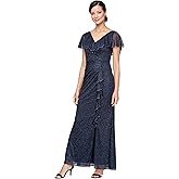 S.L. Fashions Women's Glitter Mesh Stretch Dress W/Shoulder Embellishment Formal Long Gown, (Petite and Regular Sizes), Navy Ruffle, 14