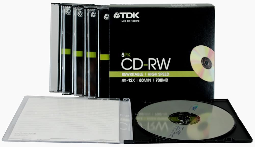 TDK T18791 CD-RW 700MB 80min 4X-12X Speed ReWritable Disc - 5 Pack Slim Jewel