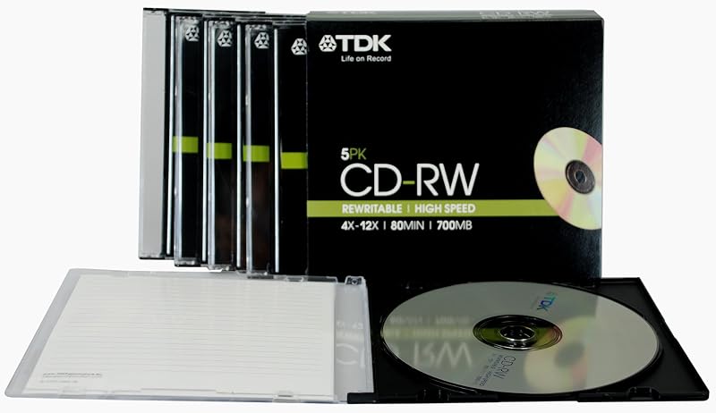 TDK T18791 CD-RW 700MB 80min 4X-12X Speed ReWritable Disc - 5 Pack Slim Jewel
