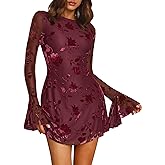 BTFBM Women Floral Wedding Guest Dress Spring 2026 Casual Long Sleeve Crew Neck Flowy Party Cocktail Mini Dresses