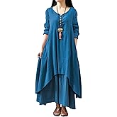 R.Vivimos Women Long Sleeve Cotton Casual Loose Plus Size Irregular Long Dresses