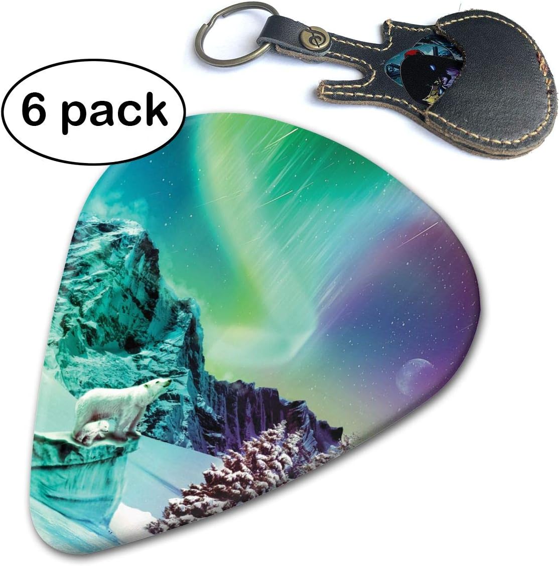 WB - Polar Bear In The Aurora Borealis 351 Shape Classic Guitar Picks (6 Pack) For Electric Guitar, Acoustic Guitar, Mandolin, And Bass. Gift Leather Pick Holder Keychain (0.46mm, 0.71mm, 0.96mm)