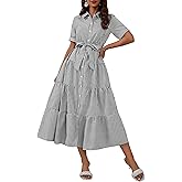 ebossy Women's Boho Striped Shirt Dress Button Down Belted Flowy Ruffles Loose A Line Maxi Long Dress with Pockets