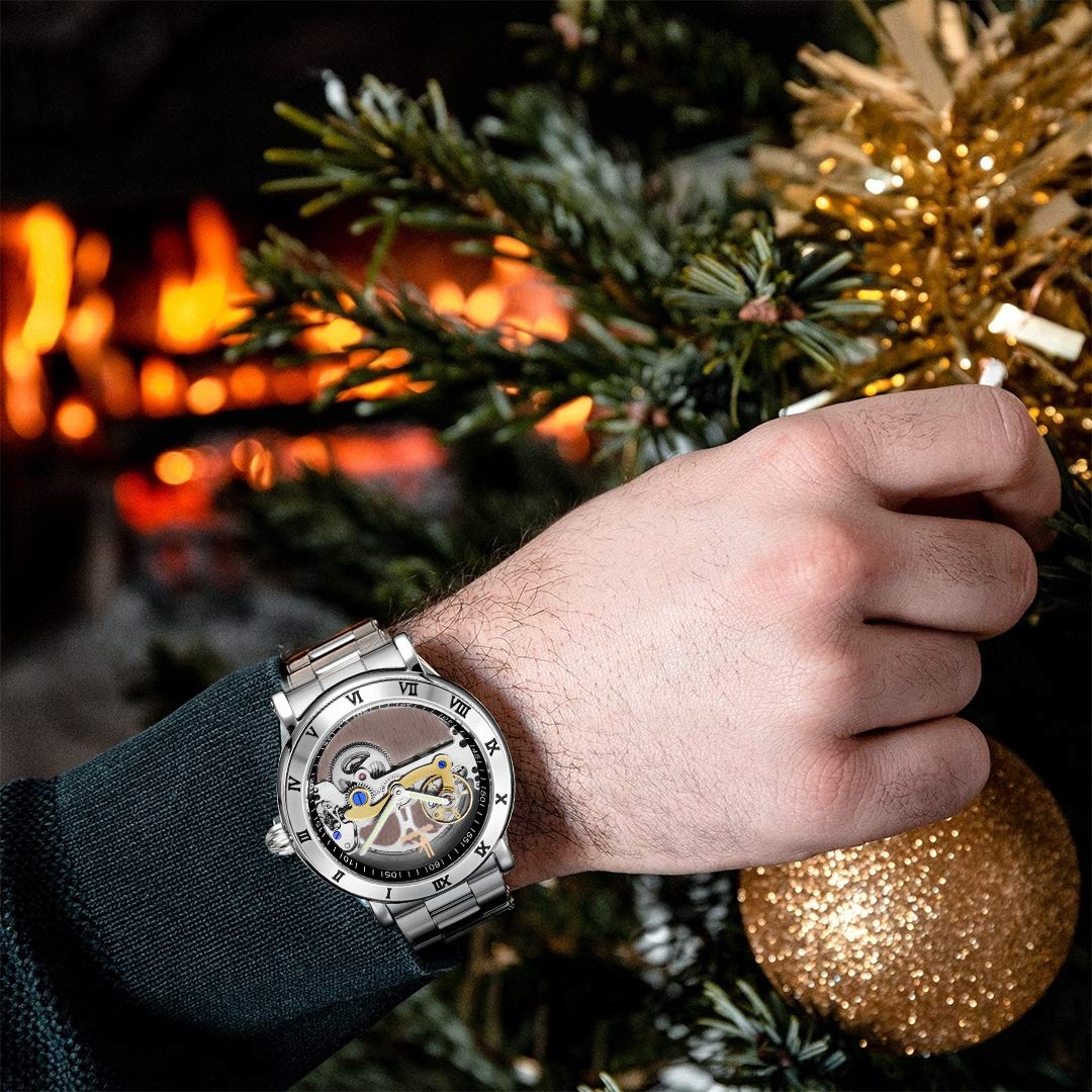 Gute Men's Watches, Mechanical Automatic Self-Winding Waterproof Watch, Luxury See Through Hollow-Out Minimalist Transparent Steampunk Roman Numerals Silver Case Wrist Watch