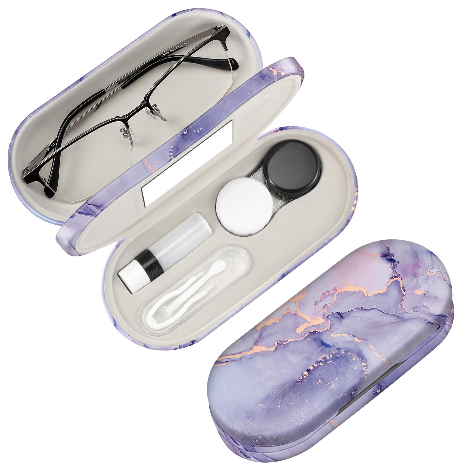 FINTIE 2 in 1 Glasses and Contact Lens Case, Double Sided Glasses Case Portable Travel Dual Spectacle Case with Built-in Mirror, Tweezer and Contact Lens Solution Bottle, Lilac Marble