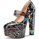 Saekcted Womens Block Chunky High Heel Platform Heel Round Toe Pumps Mary Jane Party Prom Dress Patent Leather 5.9 Inches Heels