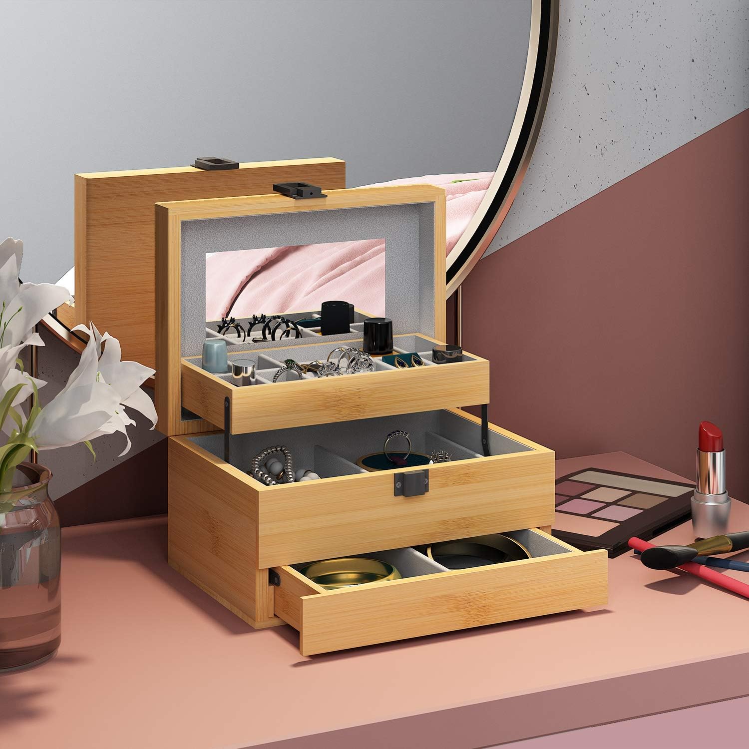 Bamboo Jewelry Box Organizer for women Watch Storage 3 Layers Jewelry Organizer Storage Display Case Gift for Mom Girlfriend: Home Improvement